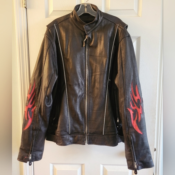 Mens Black Red Fiery Flames Leather Motorcycle Jacket XL 50 - Picture 2 of 4